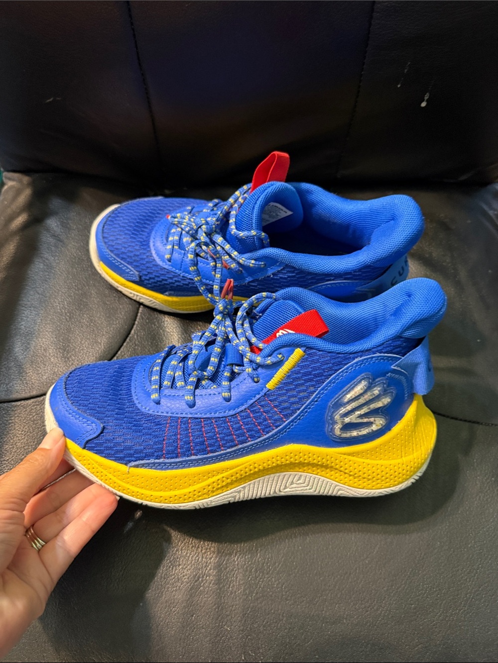 Under Armour Kids Blue and Yellow Sneakers with Red Pull Tabs Curry Edition